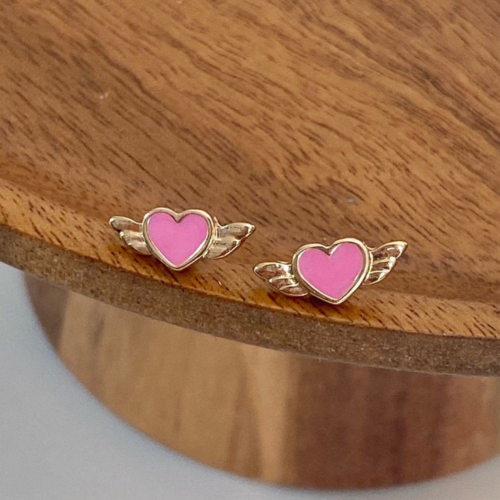 4/$15 Pink Heart Cute Gold Angel Wings Earrings Studs